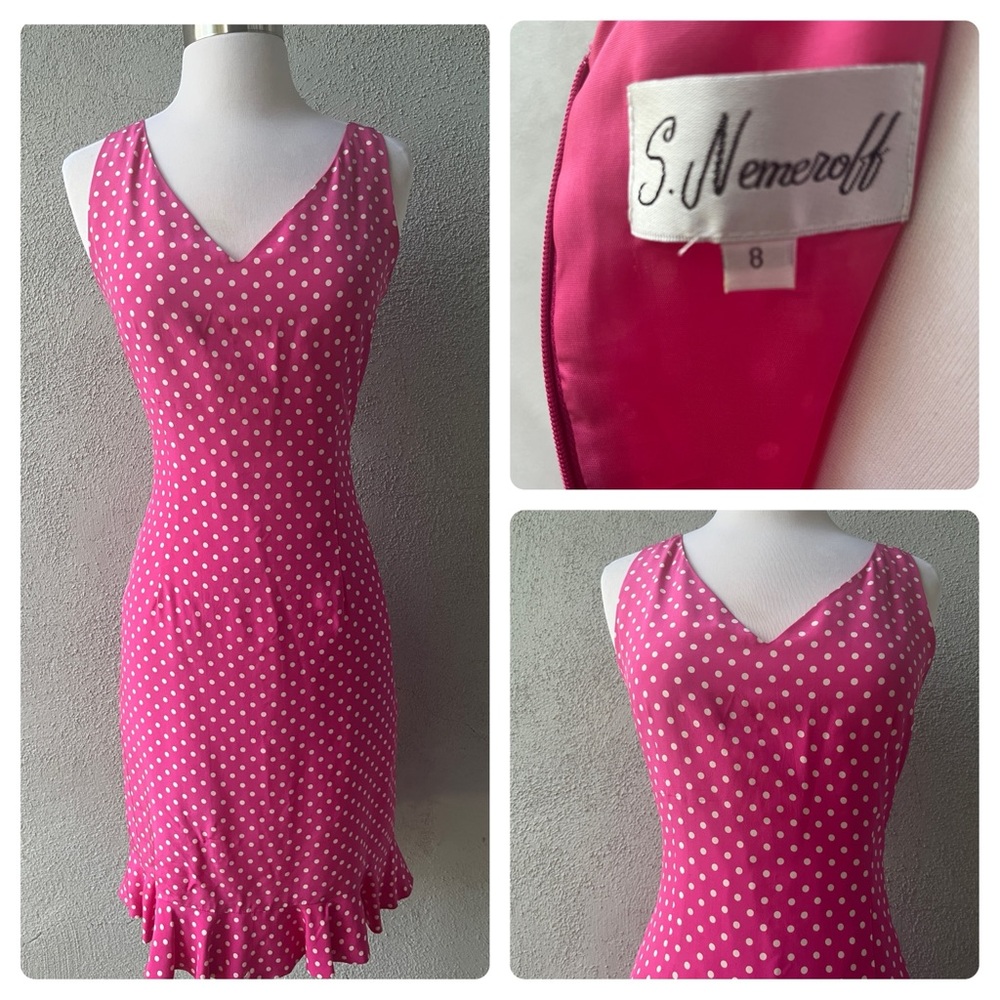 Vintage 1990s S. Nemeroff Sleeveless Pink Polka Dot Silk Midi Dress Sz 8